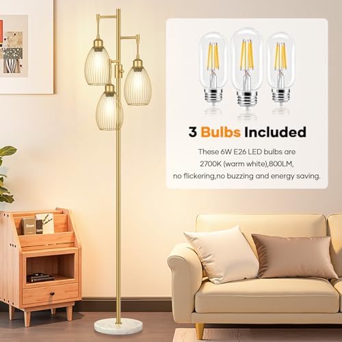 Dimmable Floor Lamp,3x800LM LED Bulbs Included, Farmhouse Industrial Floor Lamp Standing Tree Lamp with Teardrop Cage