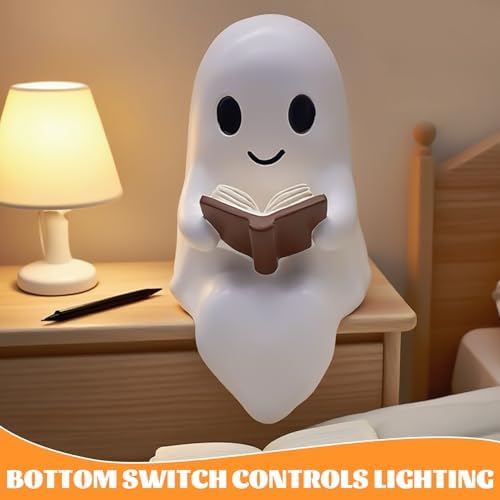 Halloween Ghost Figurine, Spooky & Cute Reading Ghost Statue for Bedroom, Desk, Party Decor, Book Lovers Gifts, Funny Light Up Ghost Halloween Decor Indoor (5 in)