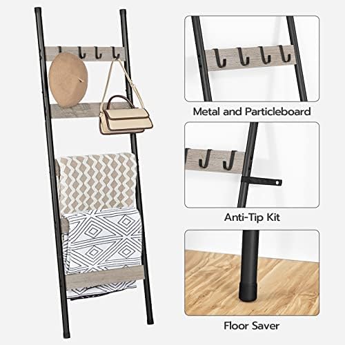 HOOBRO Blanket Ladder, 5-Tier Towel Rack with Hooks, Wall-Leaning Blanket Rack, Decorative Display Ladder Shelf