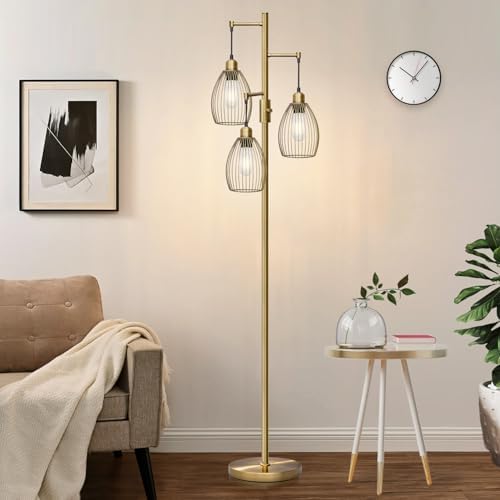 Dimmable Floor Lamp, 3 x 800LM LED Edison Bulbs Included, Farmhouse Industrial Floor Lamp Standing Tree Lamp with