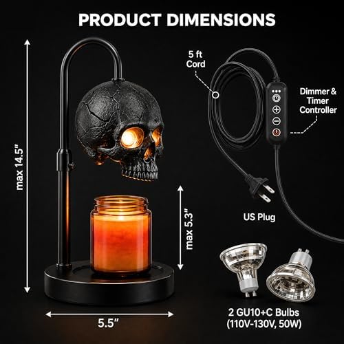 Skull Candle Warmer Lamp with Timer & Dimmer, Black Gothic Candle Warmer