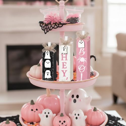 Redbaker 3 Pcs Pink Halloween Table Decor, Pastel Ghost Wood Decor for Home