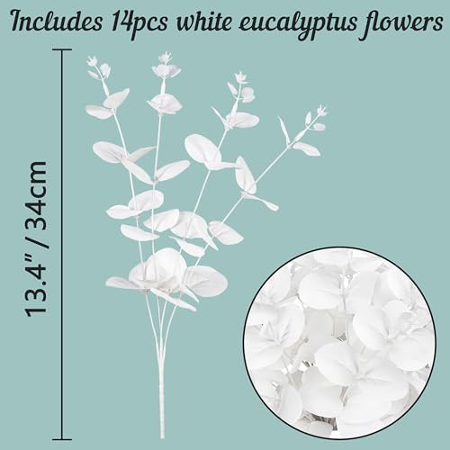 Yen Jean 14PCS White Eucalyptus Artificial Faux Flowers for Decoration - Fake Silk Stems in Vase Christmas Holiday Winter Wedding Home Decor