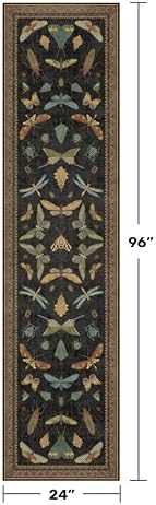 Vintage Insect 2x8 Black Entryway Runner Rug, Washable Non Slip Runners for Kitchen, Boho & Nature Long Rugs for