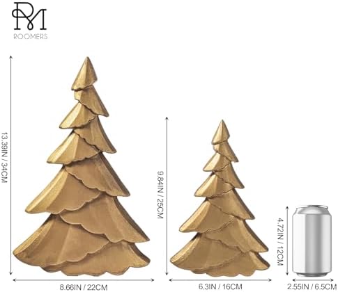 RM ROOMERS Christmas Tree Figurines Wooden, Set of 2 Gold Christmas Tree