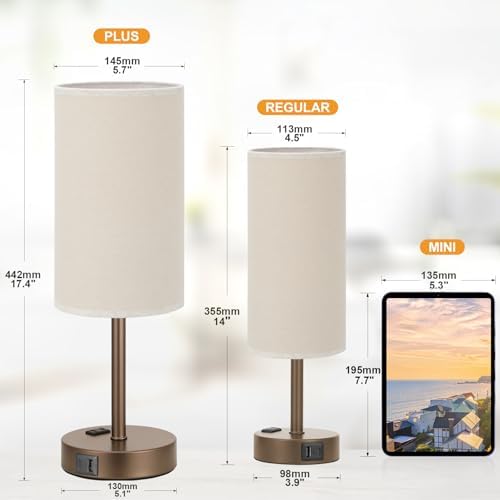 Fenmzee 17.4" Brown Lamp for Bedroom - Dimmable Touch, USB A+C, AC Outlet