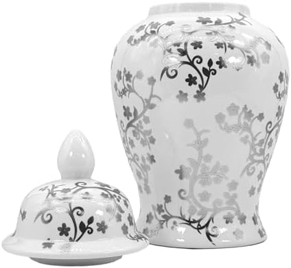 Galt International Silver & White Floral Blossom Ceramic Ginger Jar 18" w/Lid - Temple Jar Home & Kitchen Decor for