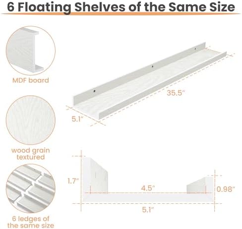 upsimples Floating Shelves for Wall Decor and Storage, White, 6Pcs 35.5''