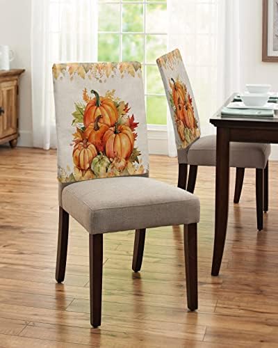 Orange Pumpkins Fall Chair Covers Set of 6 for Dining Room, Thanksgiving Maple Leaf Chair Back Cover, Autumn Botanical Removable Kitchen Chair Slipcovers Seat Protector for Party Banquet Decorations