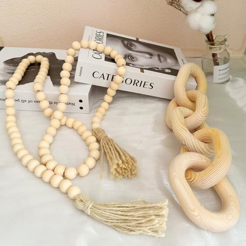 Decorative 5 Link Wooden Chain Decor and Bead Boho Farmhouse Rustic Home Table / Natural / Set of 2