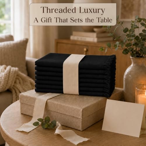 CLOUDLOOM 100% Cotton Fringe Cloth Napkins, Black, Set of 6, 20"x20"