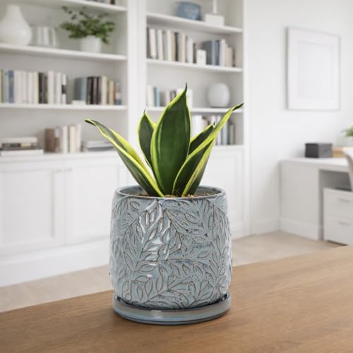 D'vine Dev Embossed Leaves Ceramic Planter, 5 in, Graphite Blue, 27-A-V-9