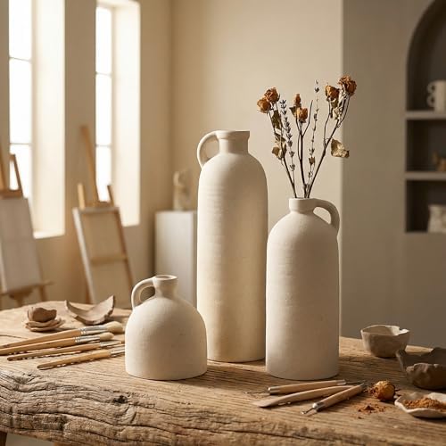 Flower Vase Set of 3, Ceramic Home Decor for Living Room - Modern Rustic Farmhouse Centerpiece for Table, Shelf &