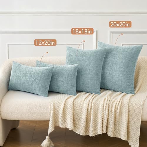 MIULEE Soft Chenille Lumbar Throw Pillow Covers Light Blue 12x20 Pack of 2