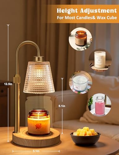 Wood Color& Clear Candle Warmer Lamp with Timer, Dimmable Candle Warmer for Jar Candles, Height Adjustable Wax Melts