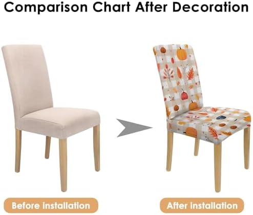 4 Pcs Fall Dining Chair Covers, Autumn Pumpkin Maple Leaves Buffalo Check Stretch Removable Washable Seat Slipcovers, Thanksgiving Kitchen Dining Room Hotel Decor