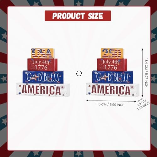 Smile 4th of July 250th Anniversary Wooden Block Stack with USA Decor, 4-Piece Patriotic Tiered Tray Decor for Independence Day & Memorial Day