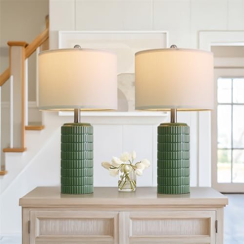 PoKat 23" Dark Green Ceramic Table Lamps Set of 2, Modern Table Lamps for Living Room, Farmhouse Lamps for Bedroom