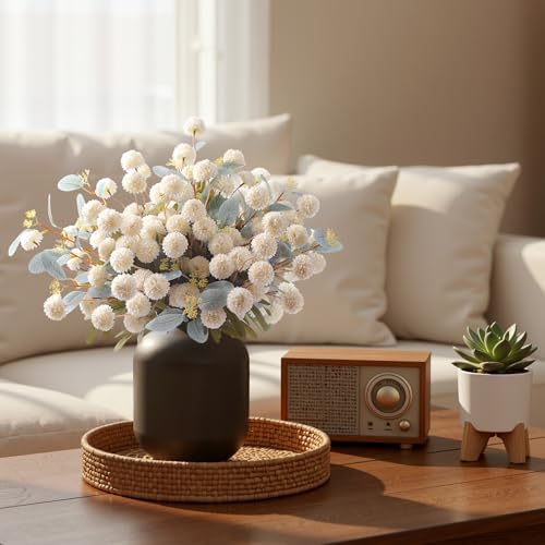 Alupssuc 16Pcs Faux Silk Mums Artificial Flowers with Eucalyptus White