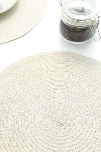 Floroom 15 Inch Round Braided Placemats Set of 4, Washable Heat Resistant Cotton Polyester Circle Place Mats for Kitchen Dining Table - Ivory Cream