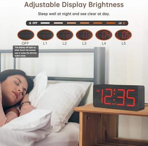 DreamSky Wooden Digital Alarm Clock for Bedroom with Large Numbers