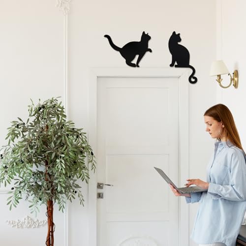 Kercan Black Cat Wall Decor Set of 2, Minimalist Cat Silhouette Door Frame Art, Wooden Cat Wall Hanging for Bedroom Bathroom Living Room Home Decoration