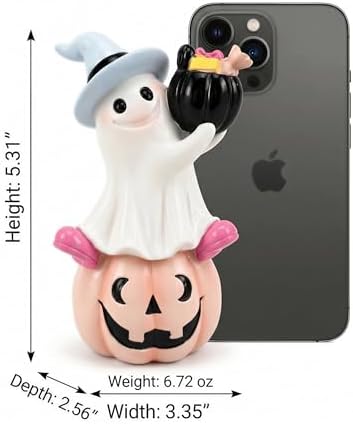 Halloween Ghost Pumpkin Figurine, Cute Resin Ghost on Jack O Lantern with Witch Hat and Candy Bucket, Spooky Shelf Decor for Mantel Table Tiered Tray Home Office Decoration Gift (Ghost on Pumpkin)