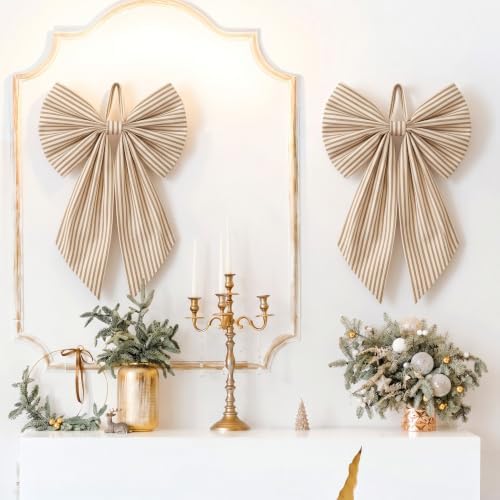 Suncalla 2 Pcs Khaki Christmas Neutral Stripe Wreath Bows 18'' x 12''