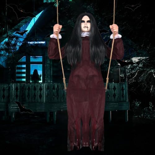 PARTYGEARS Halloween Decorations Props Hanging Swinging Girl with Creepy Expressions, Hanging Ghosts The Best Indoor and Outdoor Scary Decorations for Halloween (Red)