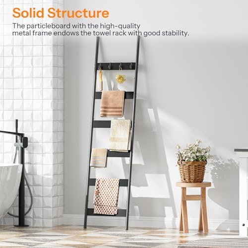 HOOBRO Blanket Ladder, 6-Tier Towel Rack with Hooks, Wall-Leaning Blanket Rack, Decorative Display Ladder Shelf