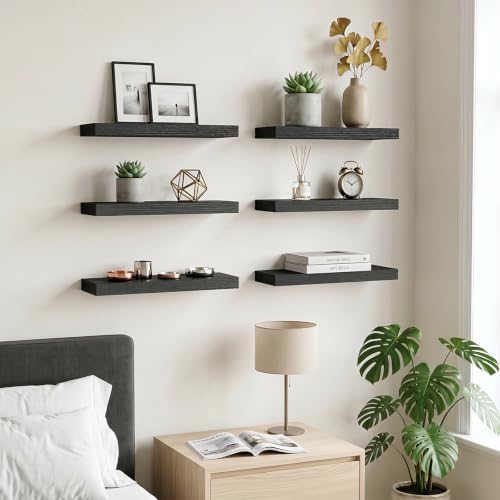 Fixwal Floating Wall Shelves for Decor (Black, Set of 6, 15.7 Inch)