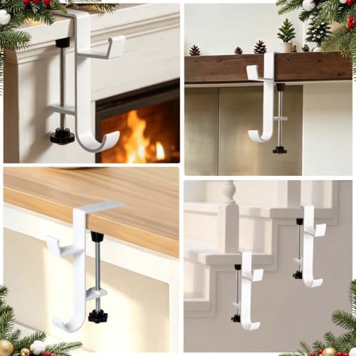 HMASYO 2-in-1 Christmas Garland & Stocking Holders for Mantle Set of 4, White Adjustable Low-Profile Fireplace Hangers with Dual Hooks, Metal Stocking Hooks for Garland, Fits 0.5”-3.4”Mantels