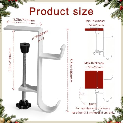 HMASYO 2-in-1 Christmas Garland & Stocking Holders for Mantle Set of 4, White Adjustable Low-Profile Fireplace Hangers with Dual Hooks, Metal Stocking Hooks for Garland, Fits 0.5”-3.4”Mantels