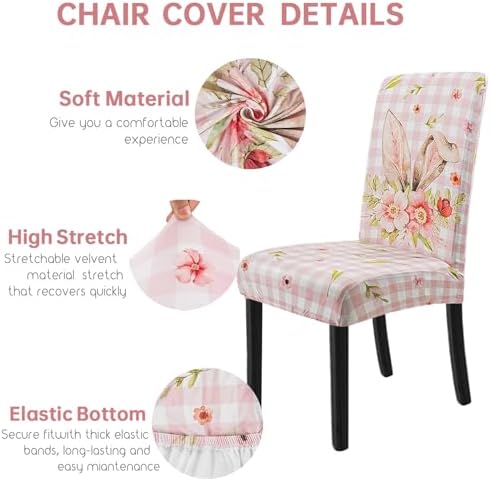 Easter Chair Covers Set of 4 Spring Pink Bunny Floral Buffalo Plaid Dining Room Slipcovers Stretch Parsons Chair Seat Protectors Spring Easters Decor-4PCS