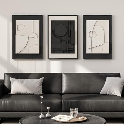 3D Textured Framed Black and White Abstract Wall Art Set of 3, 16x24 In