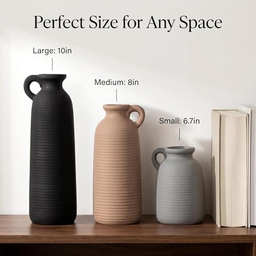 Set of 3 Matte Ceramic Vases with Handles, Textured Vases in Different Heights, Boho Farmhouse Decor for Dried Pampas