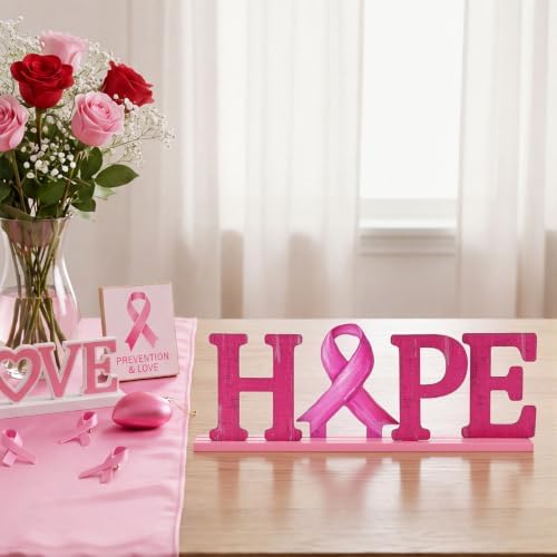 Smile Breast Cancer Awareness Wooden Standing Decor, HOPE Letters Pink Ribbon Tiered Tray Tabletop Signs with Stands for Home Office Decorations