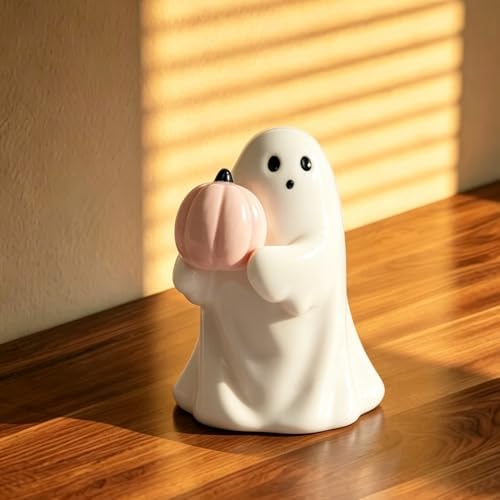 Halloween Ghost Figurine with Holding Pink Pumpkin Ghost Statue