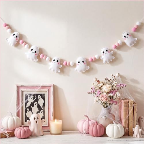 Halloween Felt Garland, Pre-Strung 3D Coquette Ghost Garland with Pom Poms