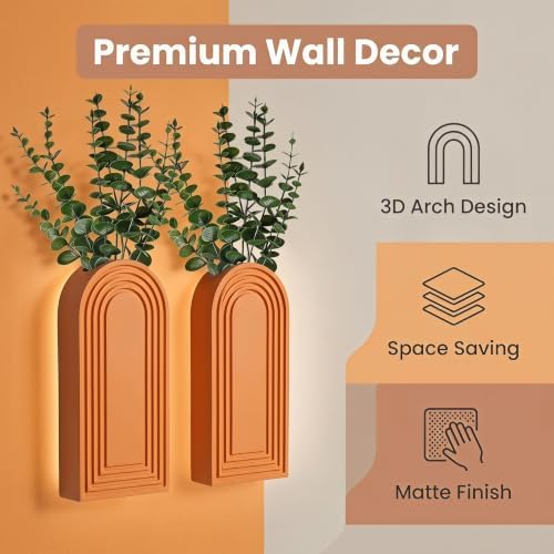 Dnnnii 2 Pack Wooden Wall Vase Set - Orange Finish Modern Farmhouse & Boho Wall Decor for Entryway, Hallway, Bathroom