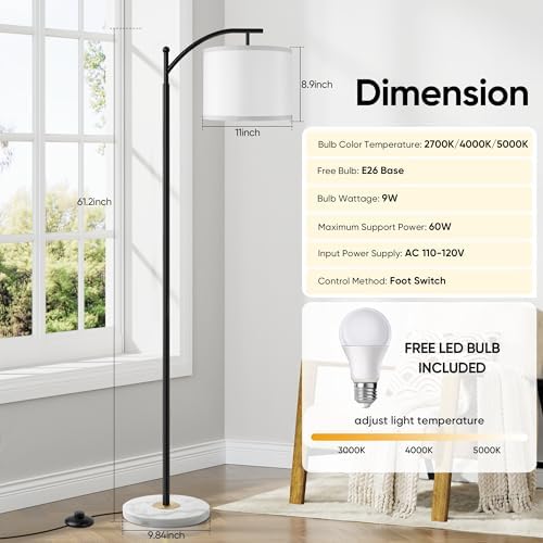 Floor Lamp for Living Room with Marble Base, Modern Standing Lamp with 3 Color Temperatures Bulb & Adjustable Linen