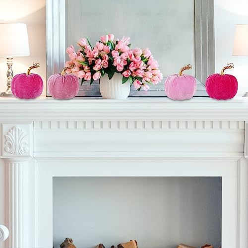 Winlyn 4 Pcs Assorted Faux Pink Velvet Pumpkins Decorative Fabric Pumpkins 5" for Gifts Fall Wedding Baby Shower Thanksgiving Halloween Table Centerpiece Mantel Bowl Farmhouse Decor