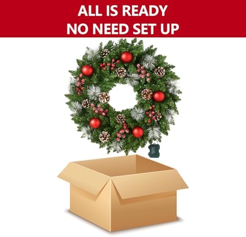 24 Inch Pre-Lit Artificial Christmas Wreath for Front Door, Christmas Door Decorations Wreath with LED Warm Lights, Balls, Pine Needles, and Red Berries Wall Windows Ornament