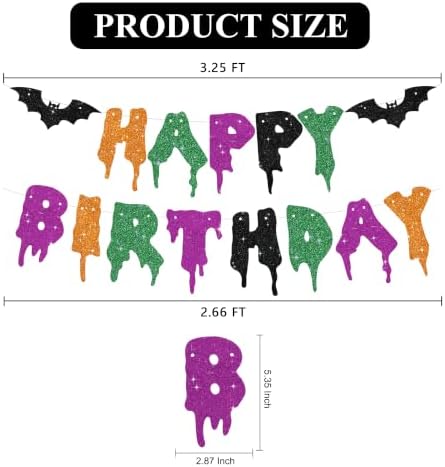 Glitter Happy Birthday Halloween Banner - NO DIY - Halloween Hanging Paper Garland Bunting Banner Decorations, Party Supplies for Kids Boy Girl Birthday Orange Green Purple