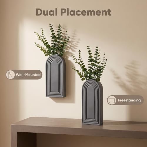 Dnnnii 2 Pack Wooden Wall Vase Set - Gray Finish Modern Farmhouse & Boho Wall Decor for Entryway, Hallway, Bathroom