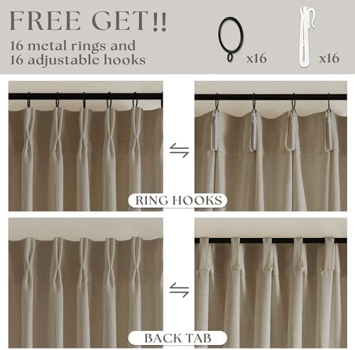 Neutral Pinch Pleated 96 Inch Greige Light Filtering Flax Linen Curtains