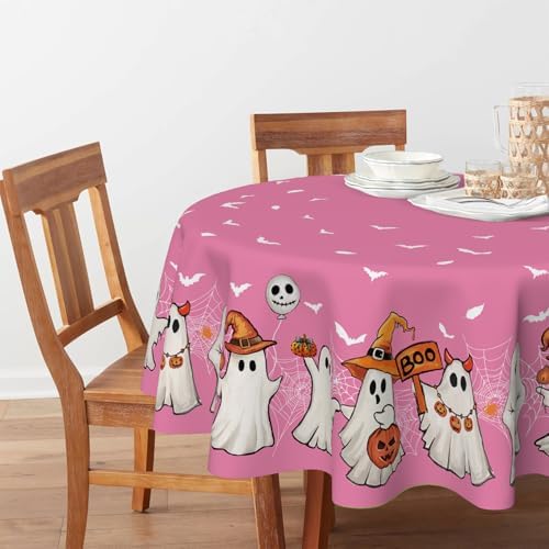 Horaldaily Halloween Tablecloth 70 x 70 Inch Round Pink Bat Ghost Pumpkin