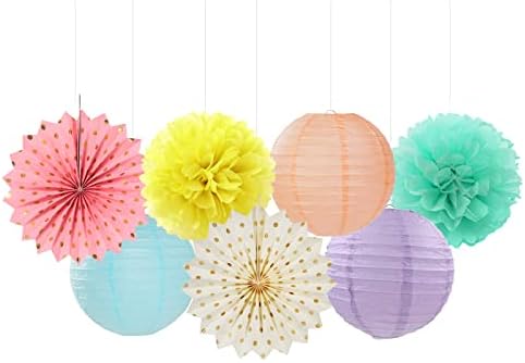 Pastel Rainbow Party Decorations Streamers - 14pcs Boy Girl Kids Birthday Supplies,Pink Yellow Blue Paper Lanterns Fan,Tissue Pom Poms,Honeycomb Balls, Baby Shower Wedding Decor Lasting Surprise