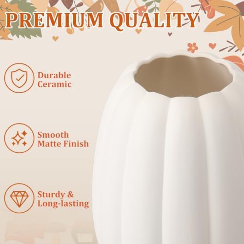 FoldTier 2pcs Fall Pumpkin Vase Ceramic Fall Table Decor Centerpieces Thanksgiving White Pumpkin Vases Centerpiece Autumn Harvest Decorations for Home Indoor Dining Room Kitchen Office