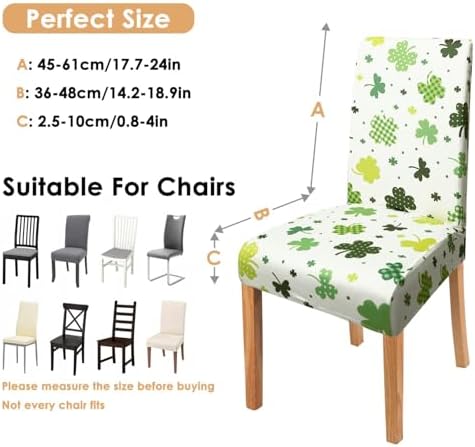 St. Patrick's Day Dining Room Chair Covers，St Patricks Day Chair Covers Set of 4, Green Four Leaf Clover Dining Chair Covers, Elastic Removable Washable Dining Chair Covers